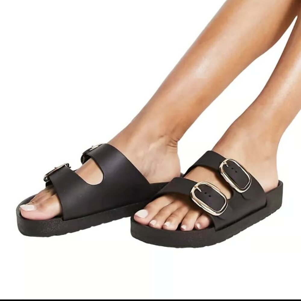 London Rebel Black Double Buckle Footbed Sandals/NIP/6